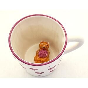 Mug/Cup-Lotus-Ceramic Kitten Inside-White-Purple Trim-1998-Novelty-Cat Lover-8oz